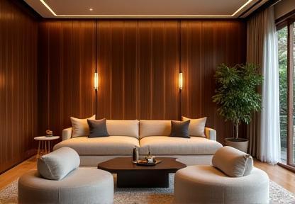 Luxury lounge space with integrated wood wall panels