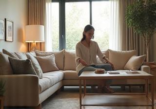 Customer interacting with furniture in a modern living room